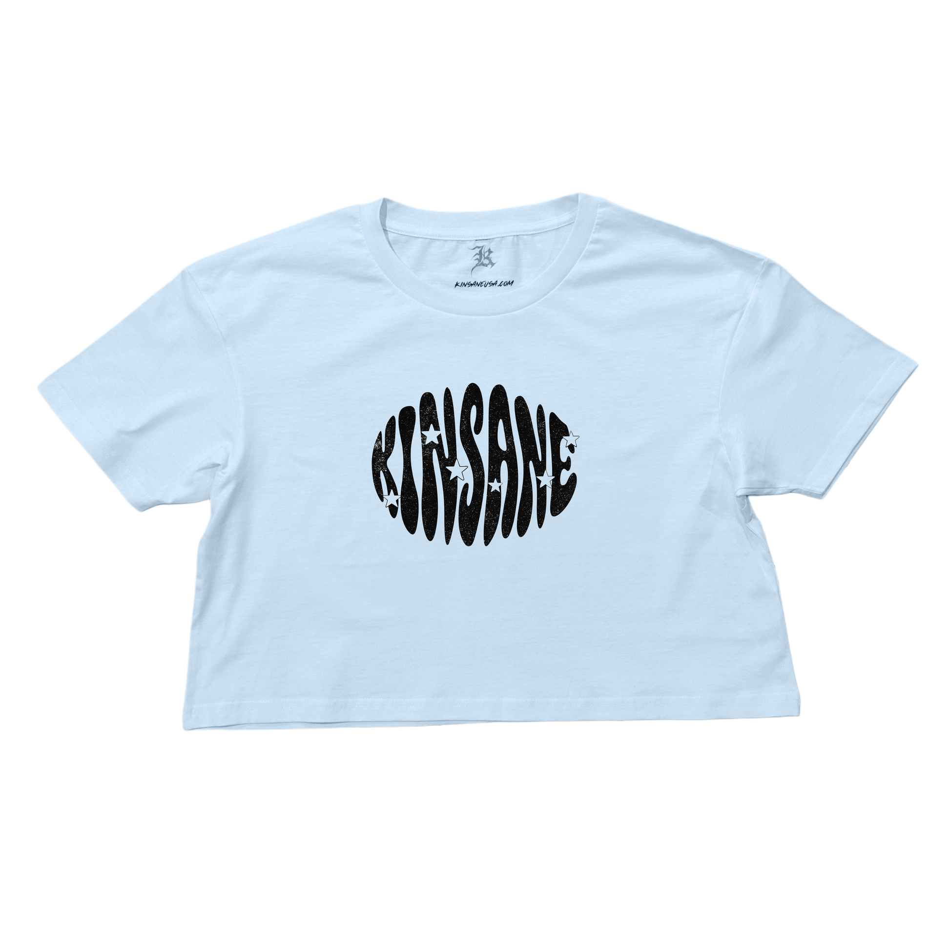 White crop top T-shirt with black groovy style lettering reading “KINSANE” 