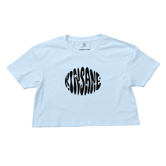 White crop top T-shirt with black groovy style lettering reading “KINSANE” 