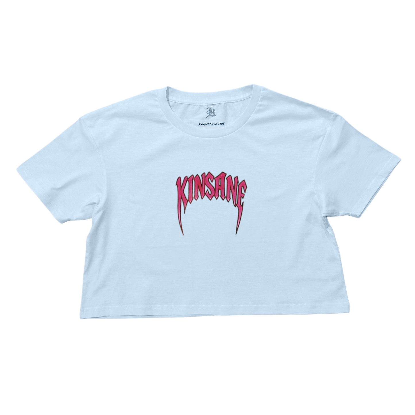 white crop top T-shirt with pink heavy metal lettering reading “KINSANE” 