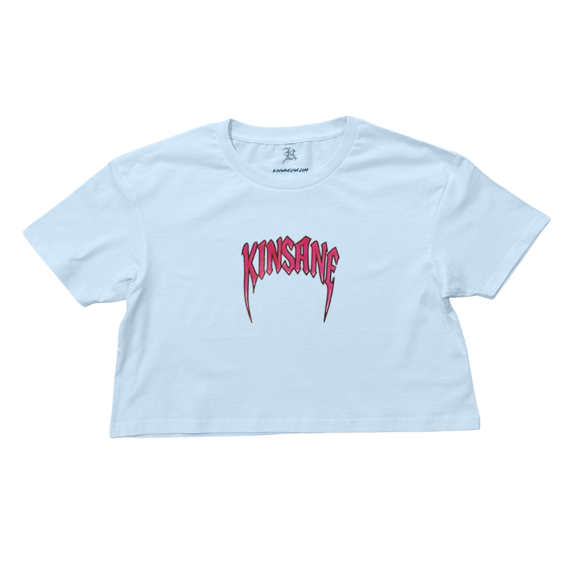 white crop top T-shirt with pink heavy metal lettering reading “KINSANE” 
