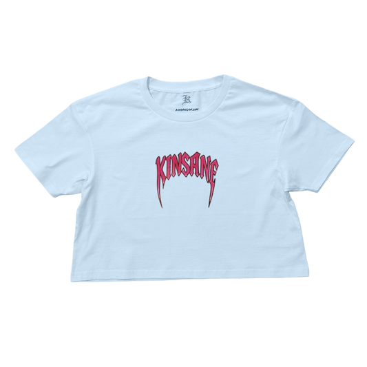 white crop top T-shirt with pink heavy metal lettering reading “KINSANE” 