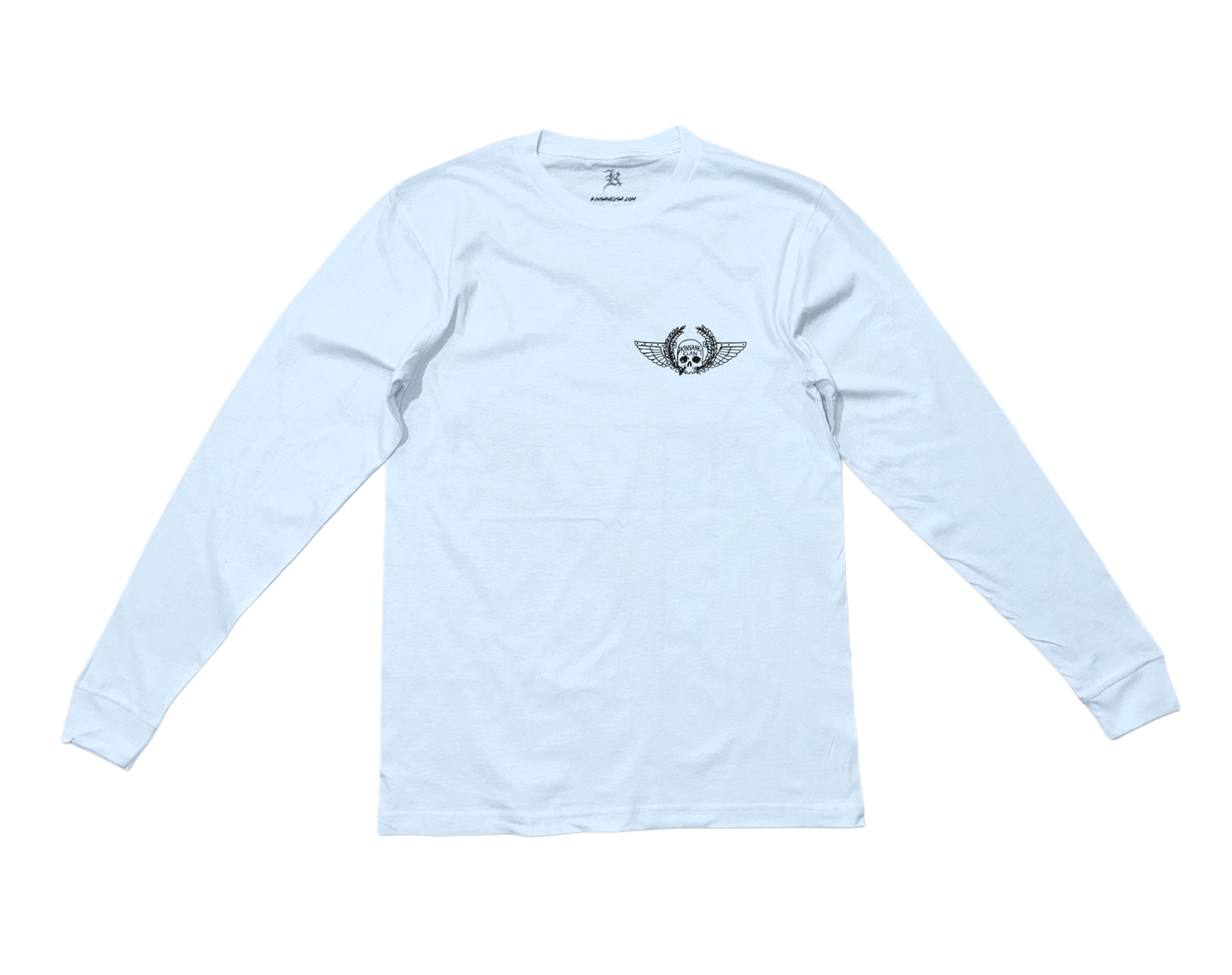 White Long sleeve shirt with black outlined skull logo with black text reading “KINSANE CLAN” 