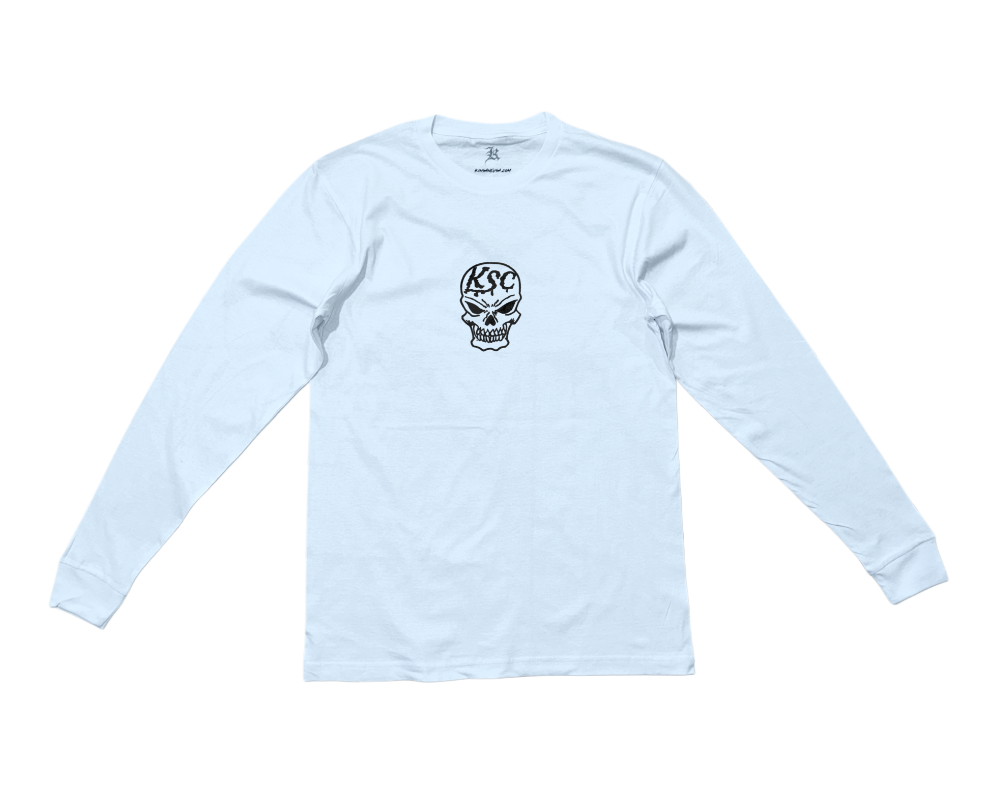 White long sleeve shirt with black skull logo with black Text reading “KSC” 