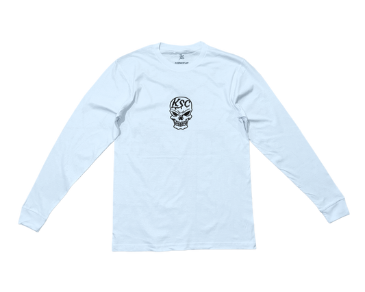 White long sleeve shirt with black skull logo with black Text reading “KSC” 