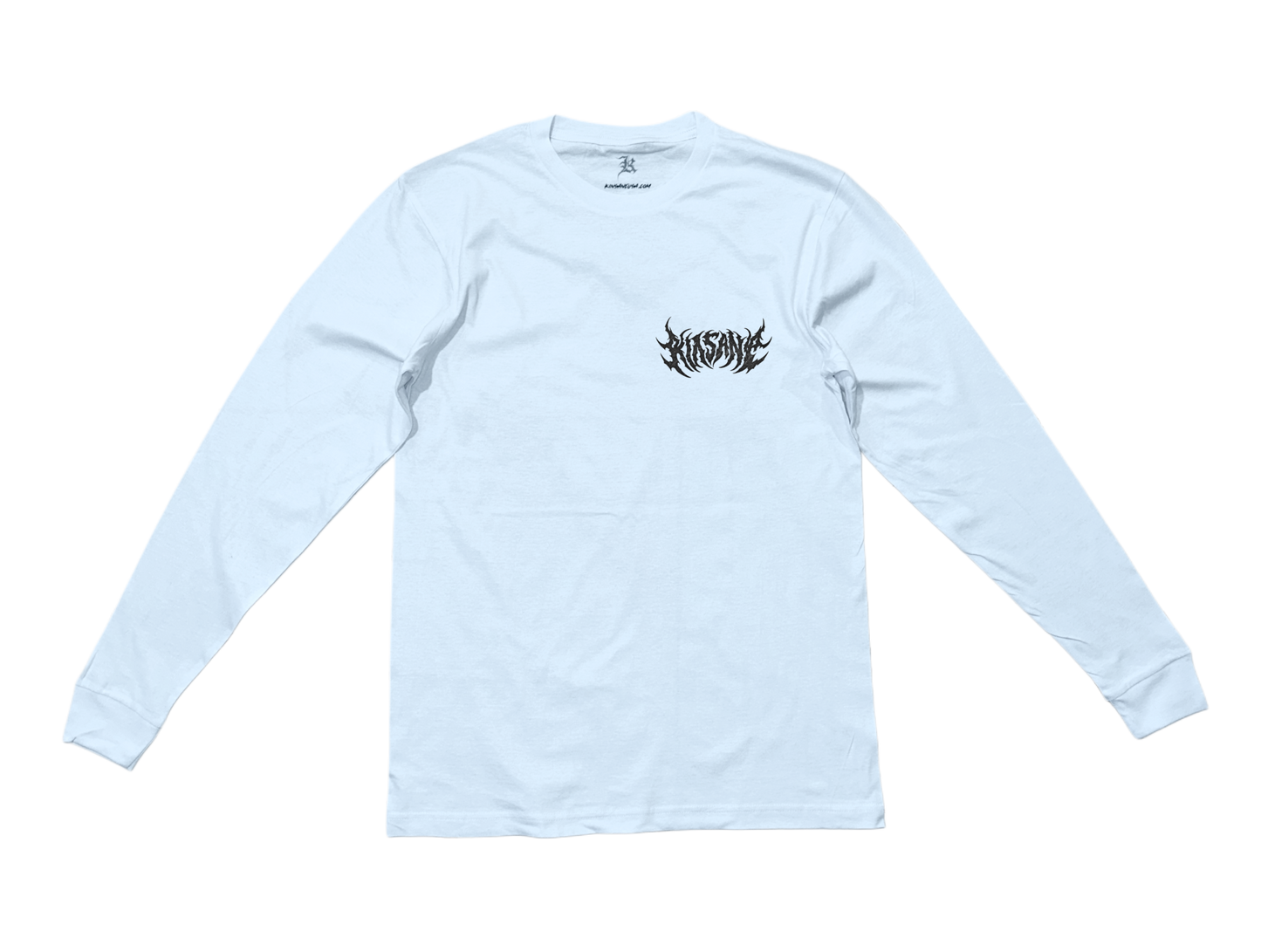White long sleeve shirt with black text reading “KINSANE” 