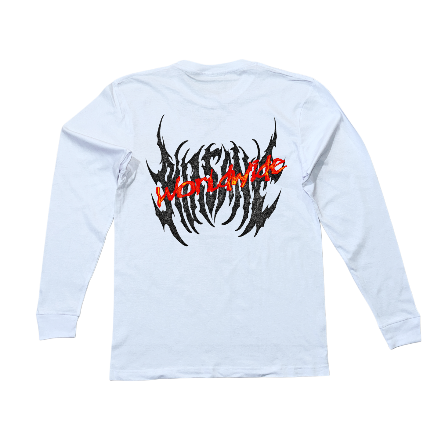 Back view of white long sleeve shirt with black text reading “KINSANE” and red text reading “WORLDWIDE” 