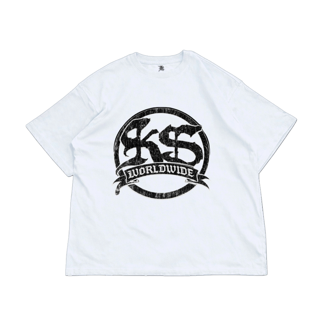 White t shirt with black logo and black text reading “KS” and white text reading “WORLDWIDE” 