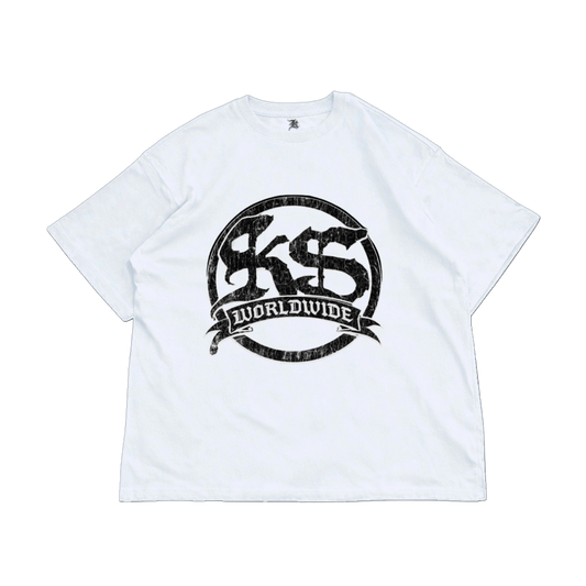 White t shirt with black logo and black text reading “KS” and white text reading “WORLDWIDE” 
