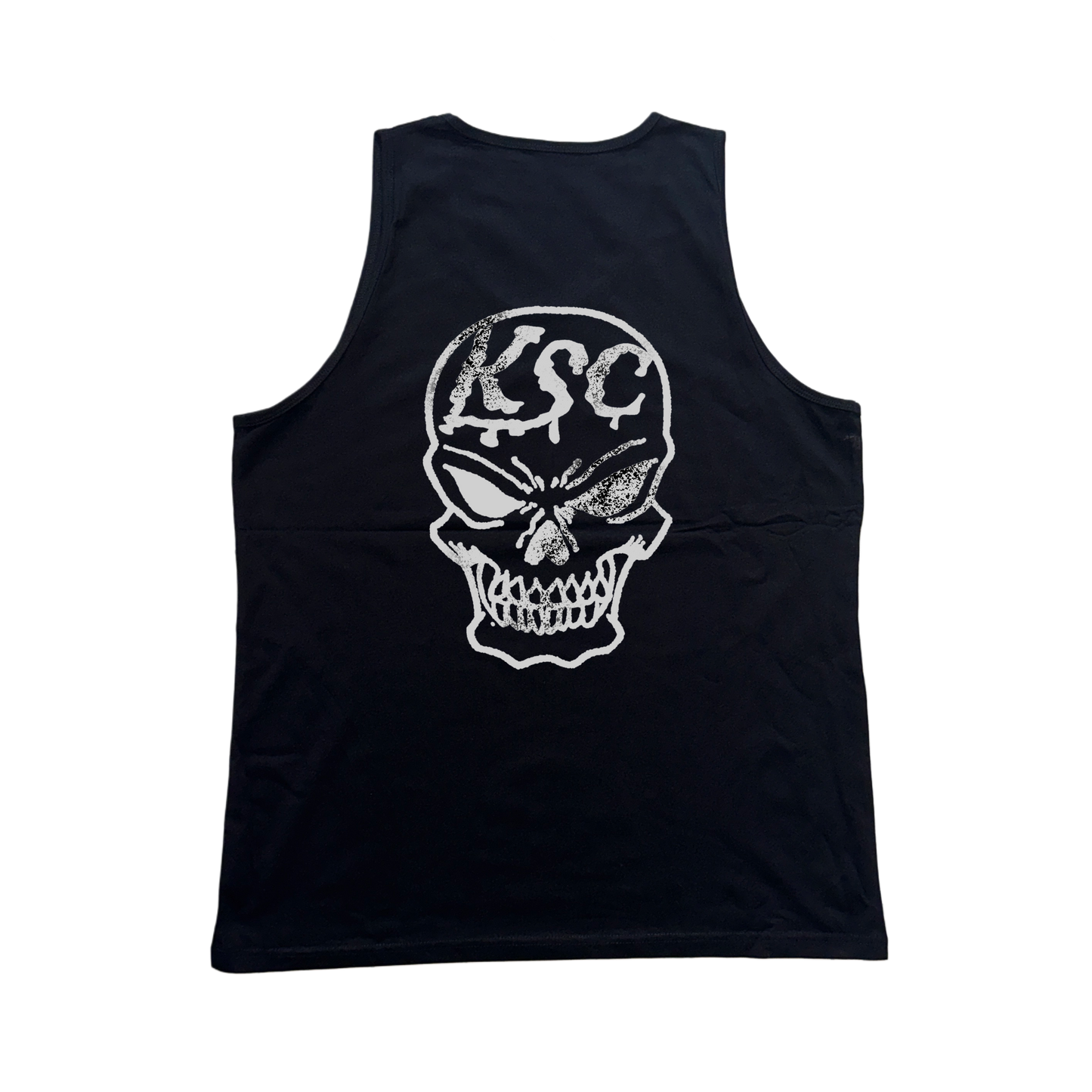 Back view of a black tank top with a white skull design and white text reading “KSC” 