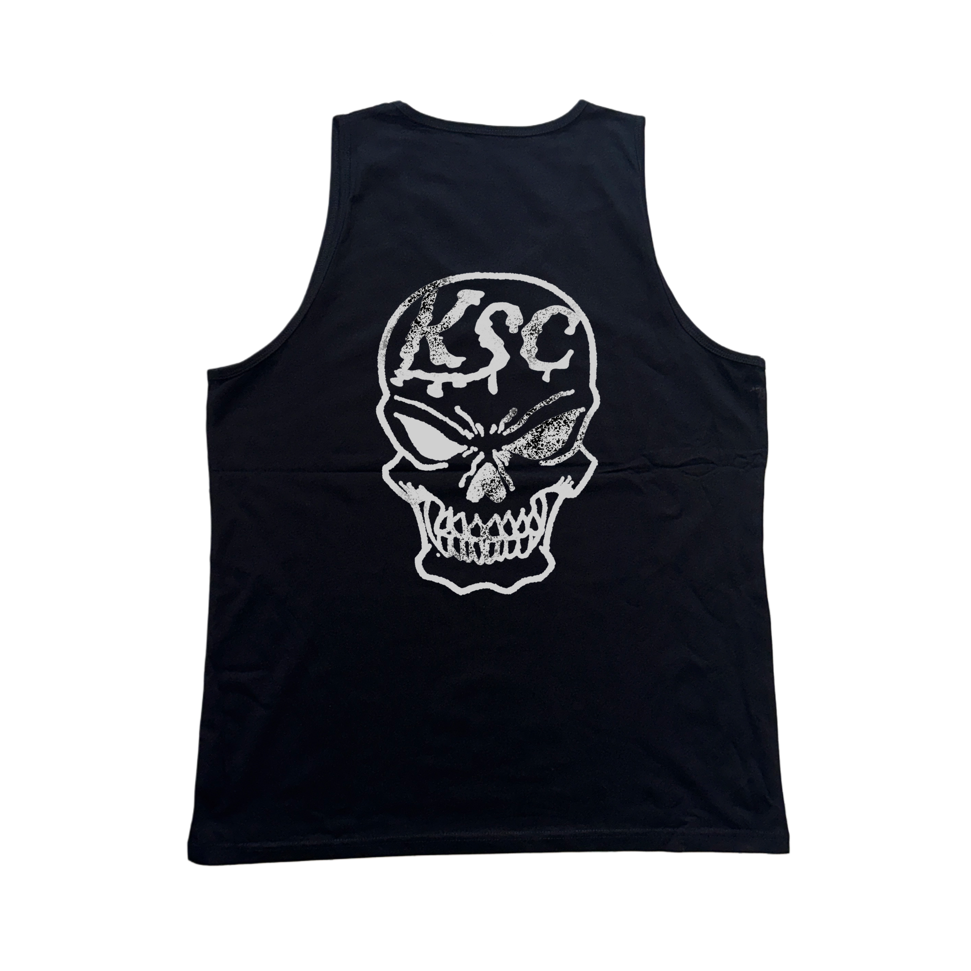Back view of a black tank top with a white skull design and white text reading “KSC” 