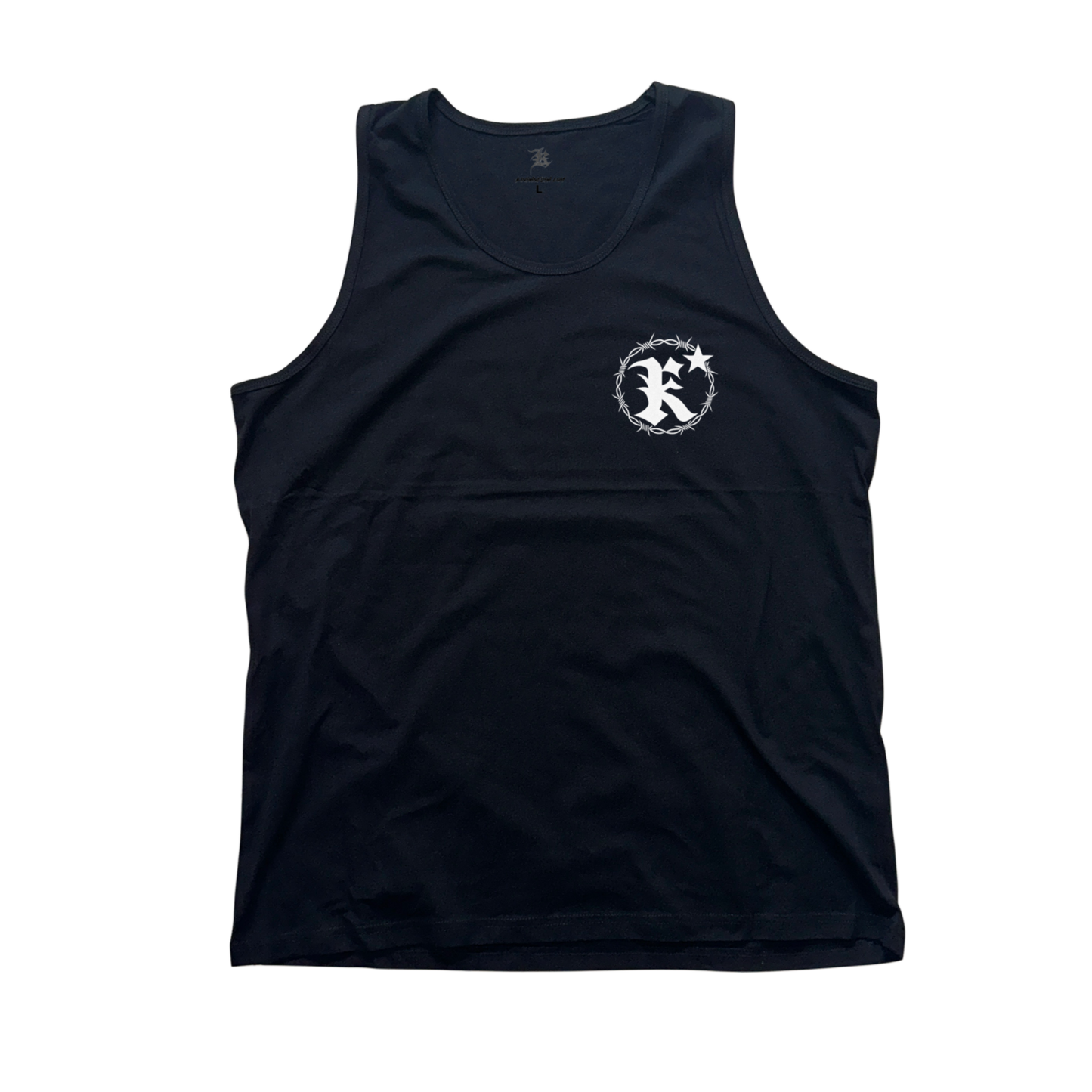Black tank top with white logo in the letter “K” 