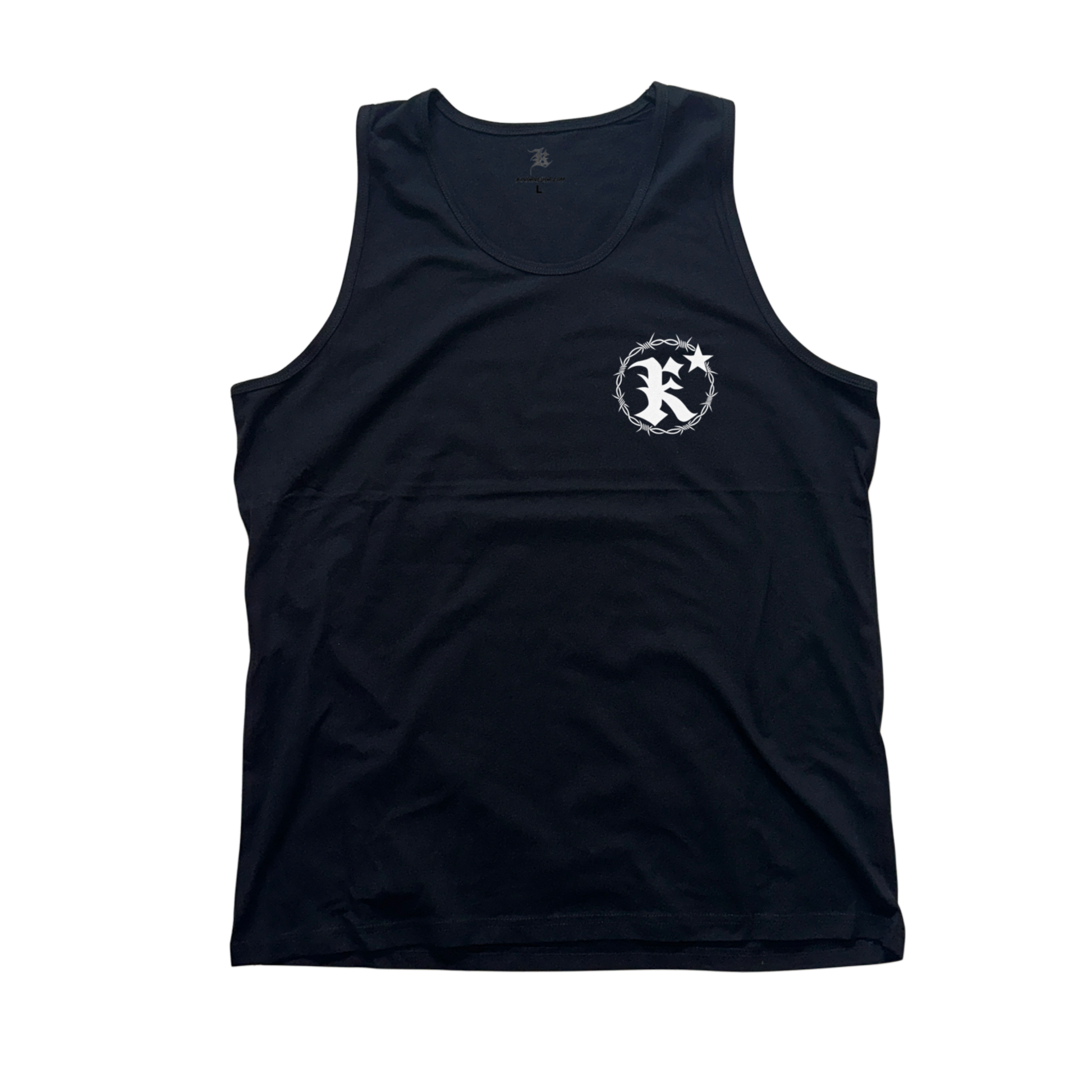 Black tank top with white logo in the letter “K” 