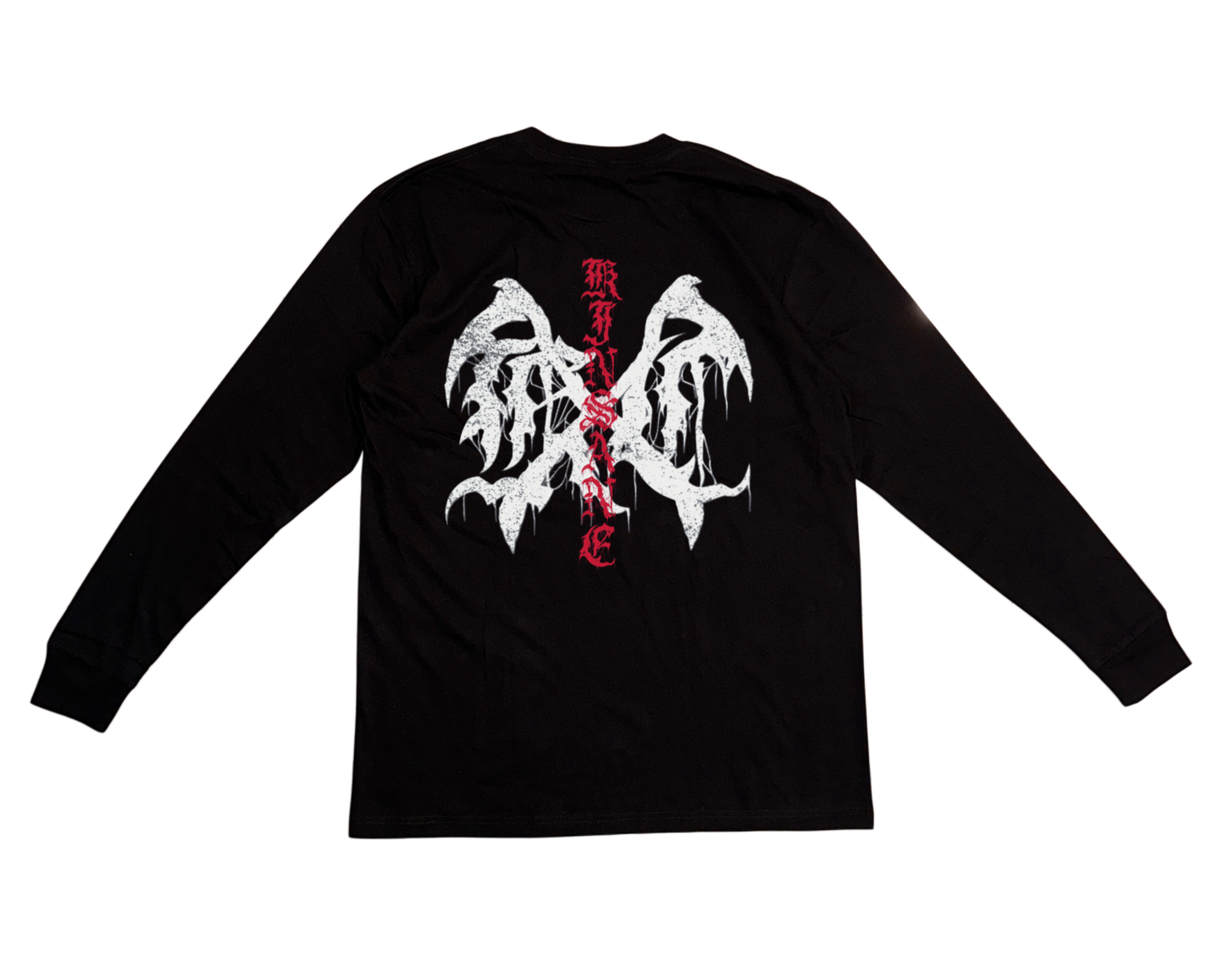Back view of a black long sleeve shirt with a white logo and red lettering reading “KINSANE” 