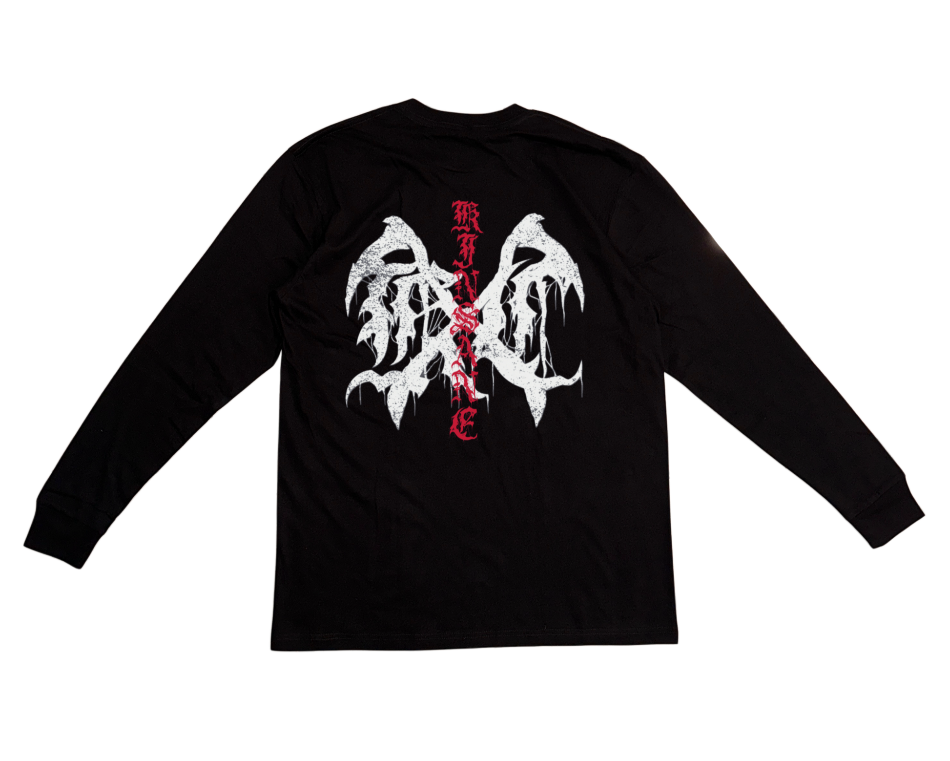 Back view of a black long sleeve shirt with a white logo and red lettering reading “KINSANE” 