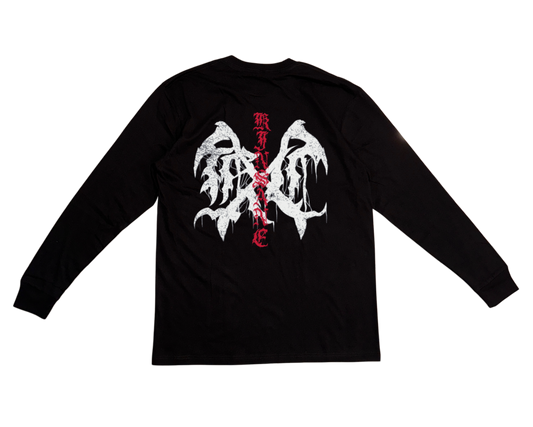 Back view of a black long sleeve shirt with a white logo and red lettering reading “KINSANE” 