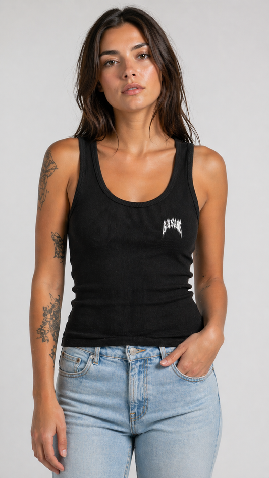 Girl wearing a Black ribbed tank top with white text reading “KINSANE” 