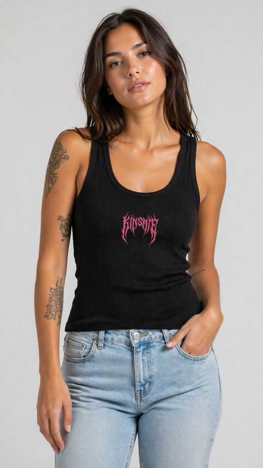 Girl wearing a Black tank top with pink tribal lettering reading “KINSANE” 