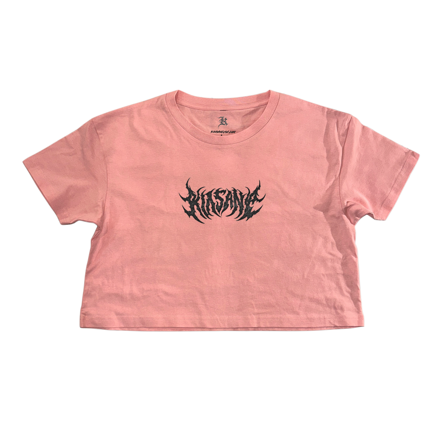 Pink cropped top shirt with black lettering reading “KINSANE” 