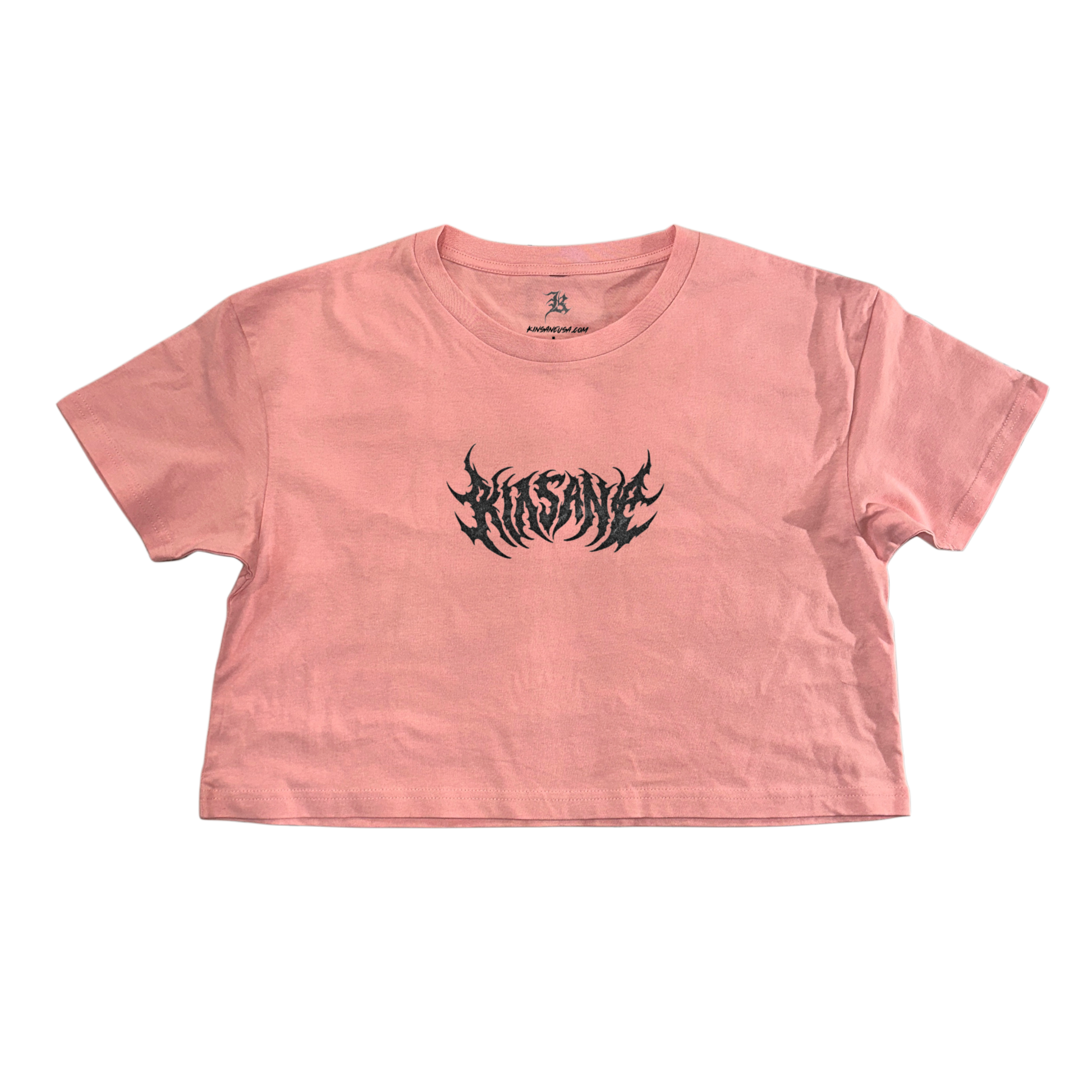 Pink cropped top shirt with black lettering reading “KINSANE” 