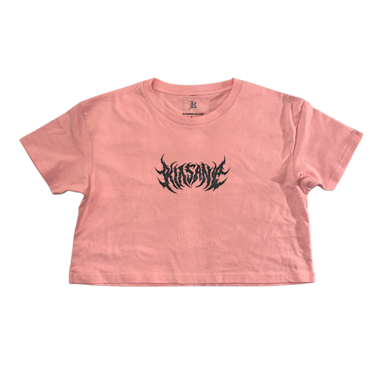 Pink cropped top shirt with black lettering reading “KINSANE” 