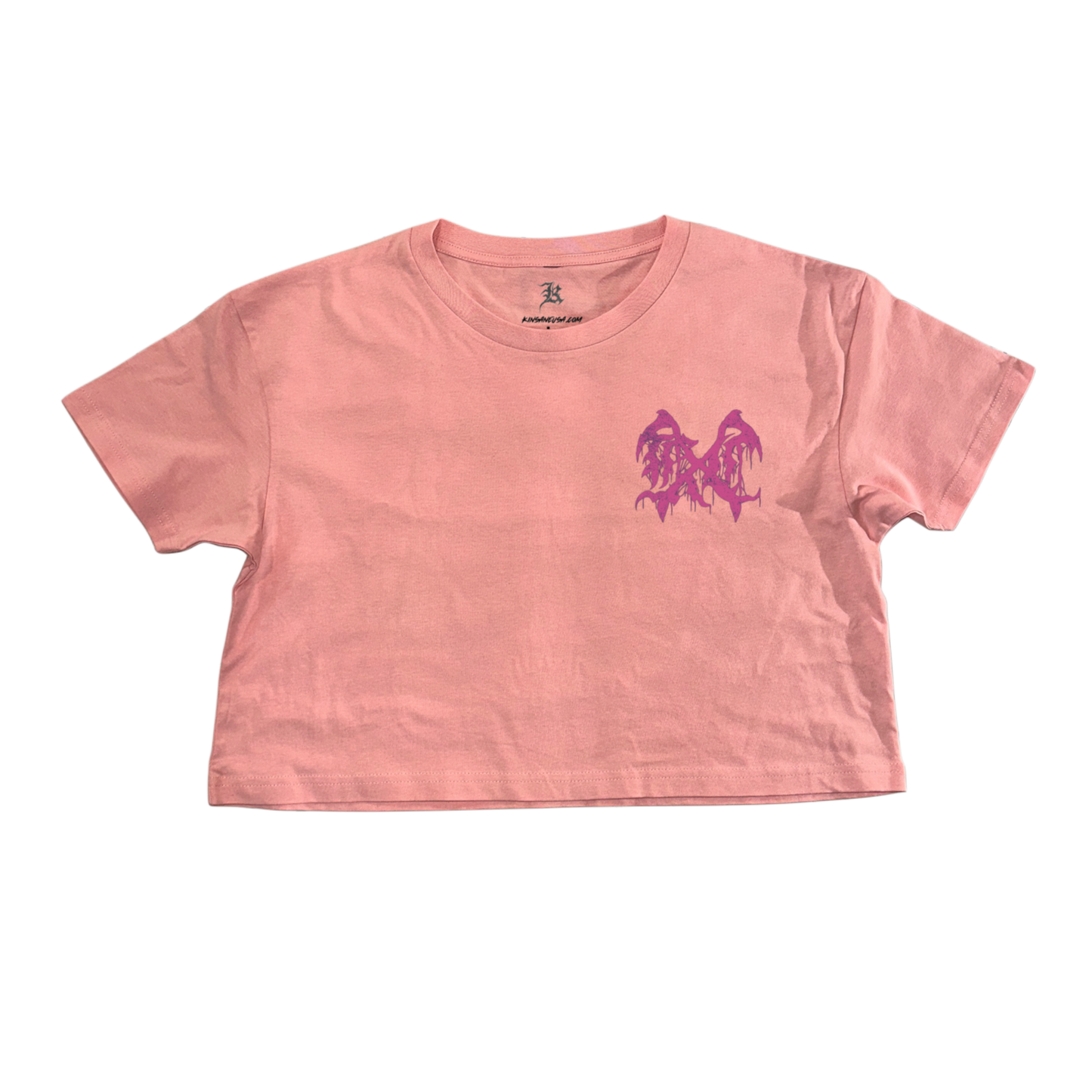 Pink cropped top t shirt with purple logo 