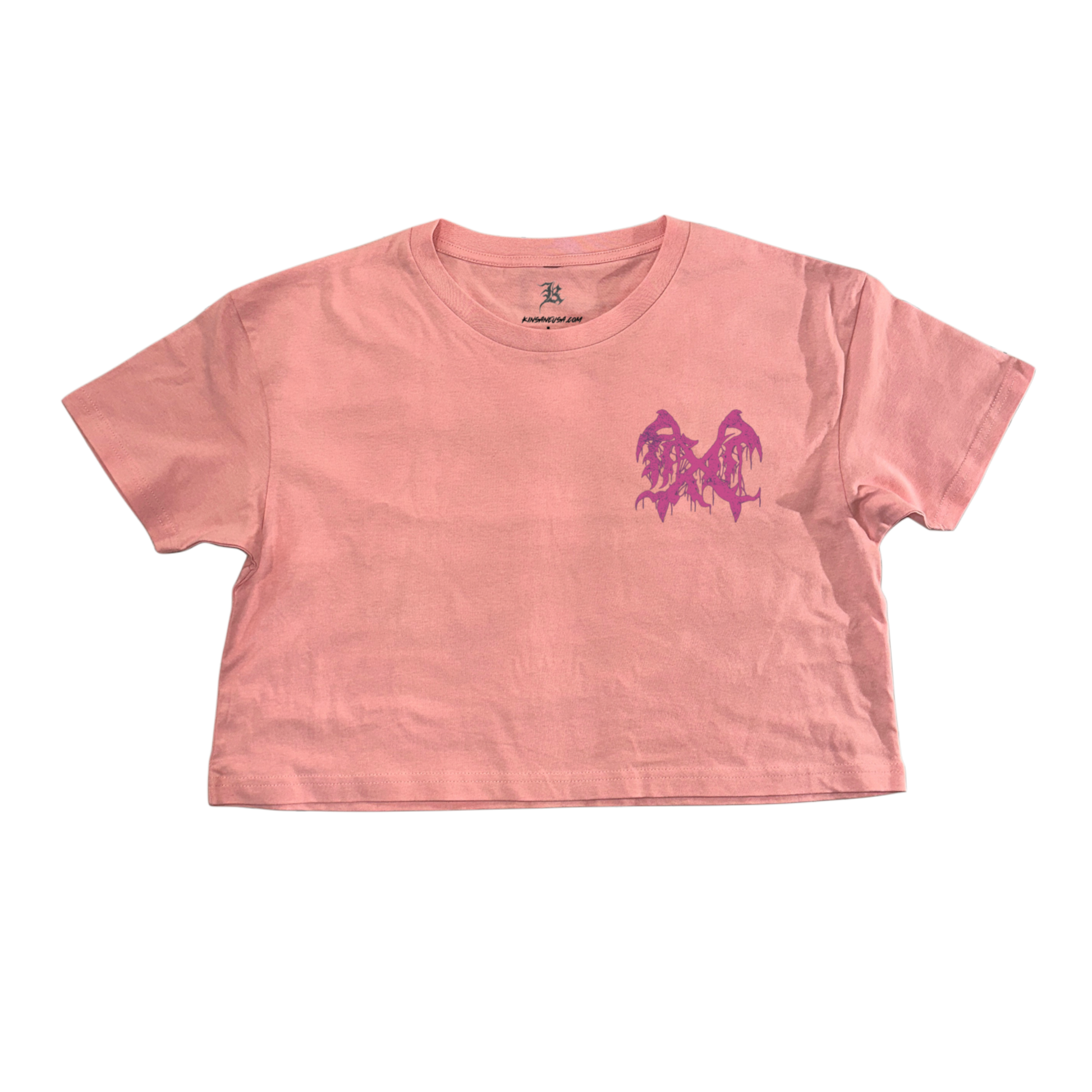 Pink cropped top t shirt with purple logo 