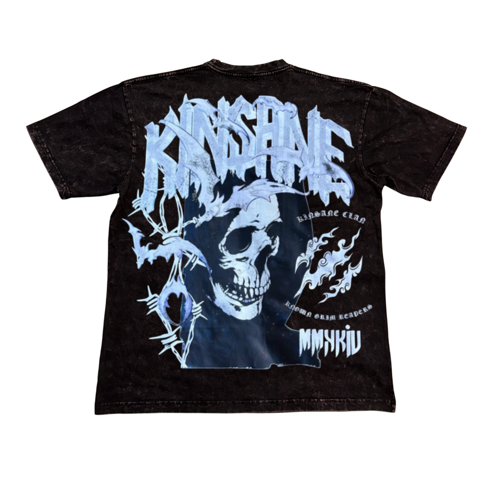 Back view of a black acid washed t-shirt with a skull design and white lettering reading “KINSANE” and “KINSANE CLAN KNOWN GRIM REAPERS” 