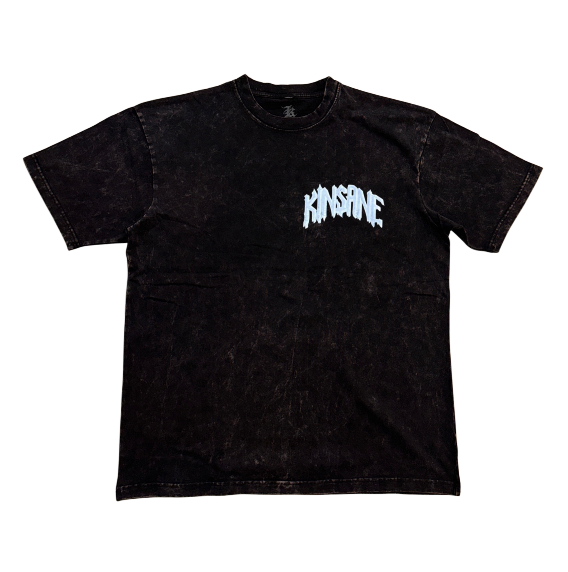 Black acid washed t-shirt with white lettering reading “KINSANE” 