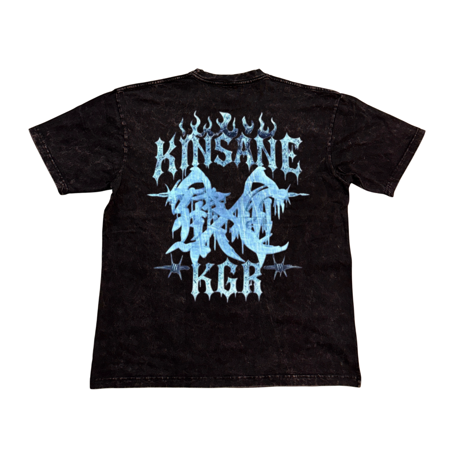 Back view of a black acid washed t-shirt with light blue logo with flames and barbed wire and lettering reading “KINSANE KGR” 