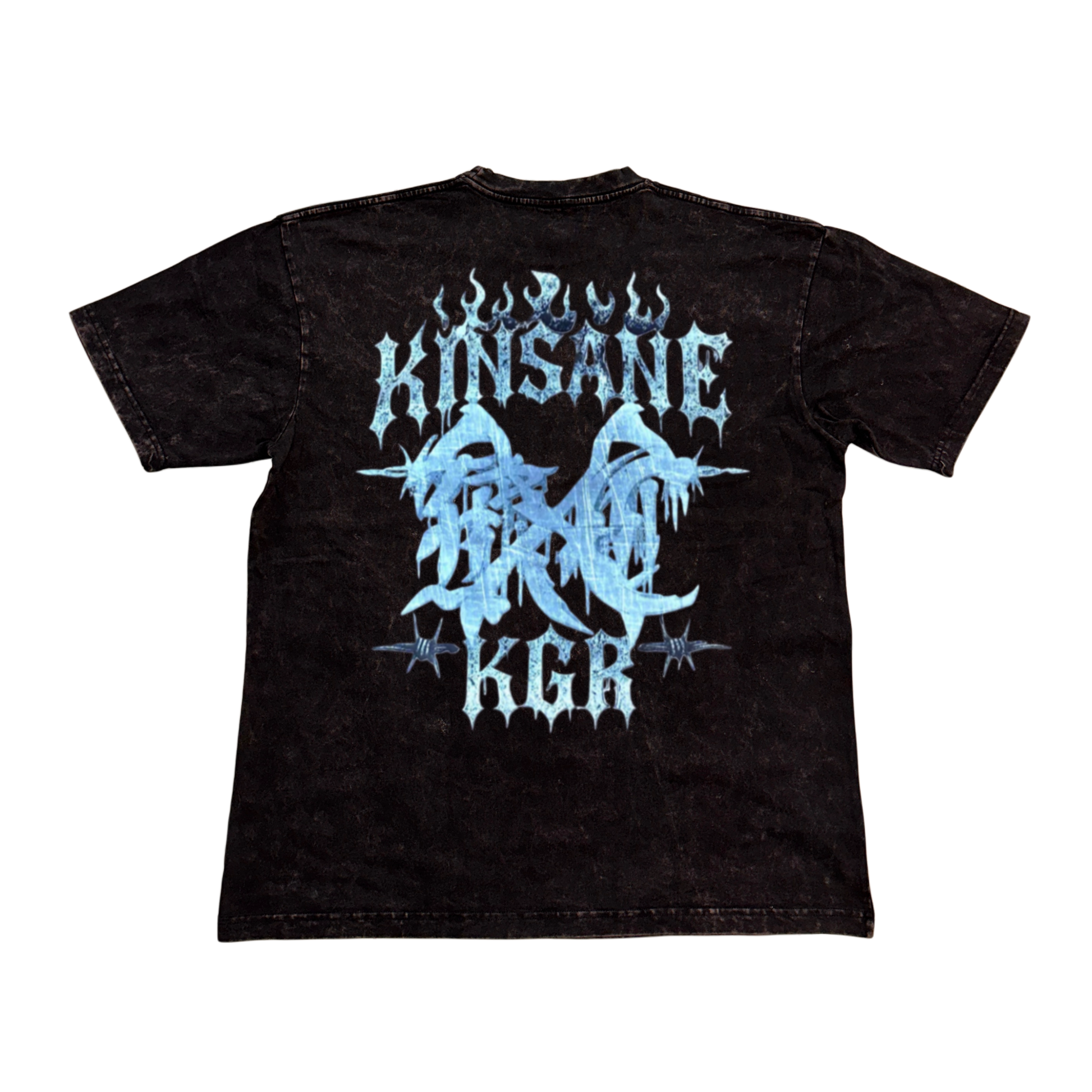 Back view of a black acid washed t-shirt with light blue logo with flames and barbed wire and lettering reading “KINSANE KGR” 