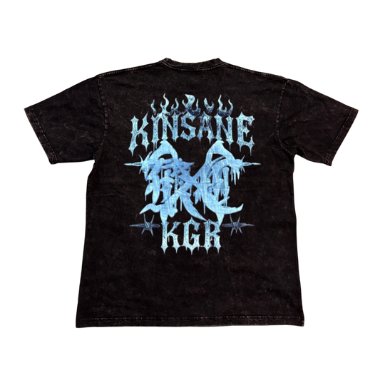 Back view of a black acid washed t-shirt with light blue logo with flames and barbed wire and lettering reading “KINSANE KGR” 