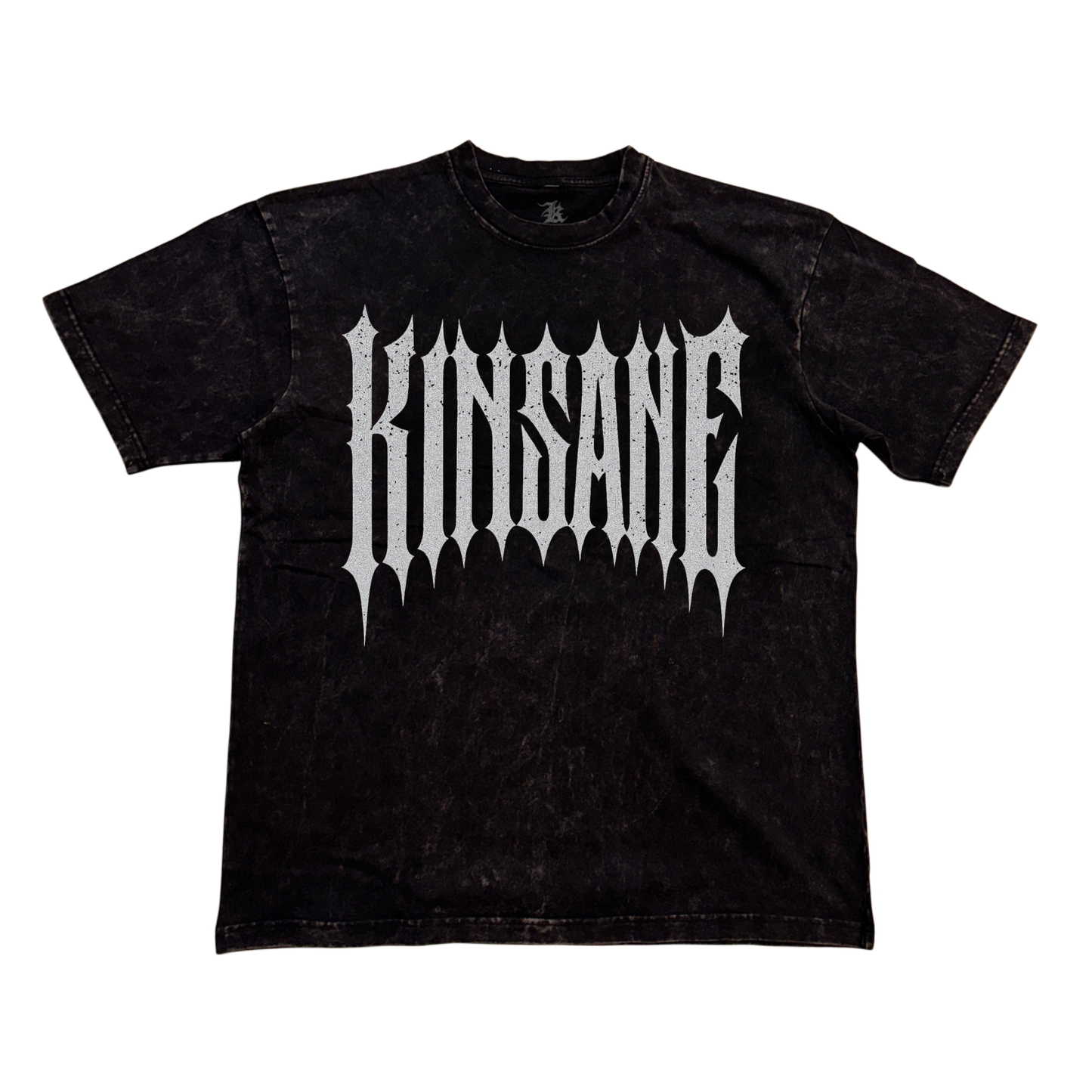 Black acid washed t-shirt with silver spiked lettering reading “KINSANE” 