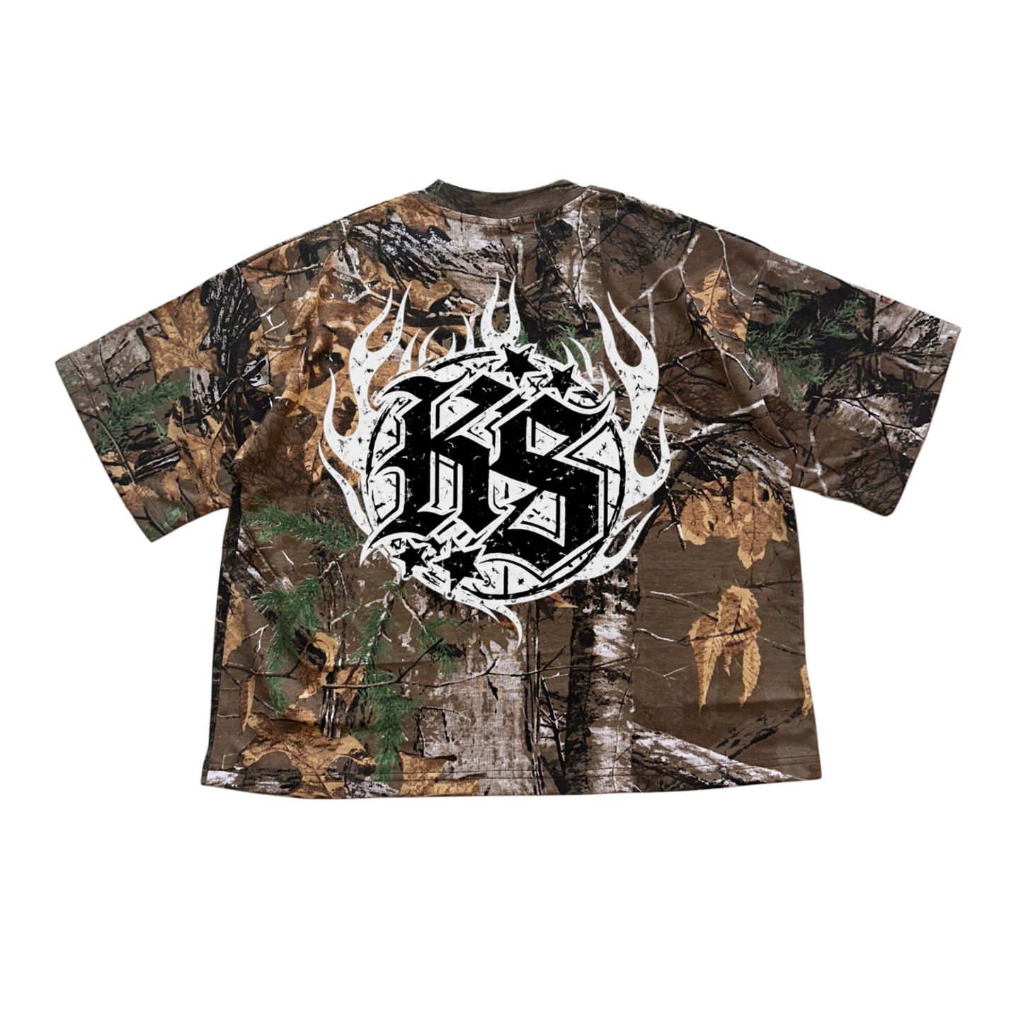 Back view of a camouflage shirt withi a white logo in flames and black letters reading “KS” 