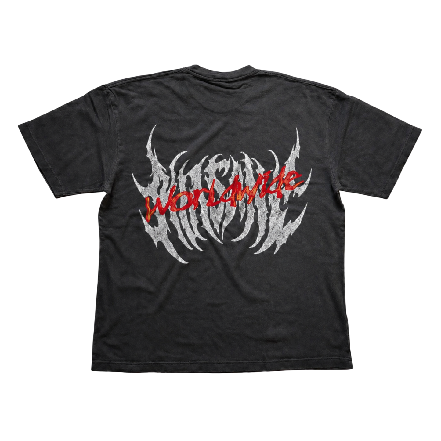 Back view of gray t shirt with grayish white text reading “KINSANE” and red-orange text reading “WORLDWIDE”  