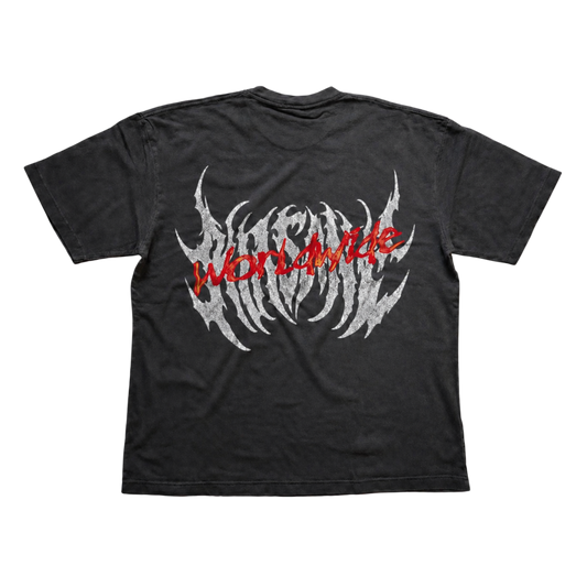 Back view of gray t shirt with grayish white text reading “KINSANE” and red-orange text reading “WORLDWIDE”  