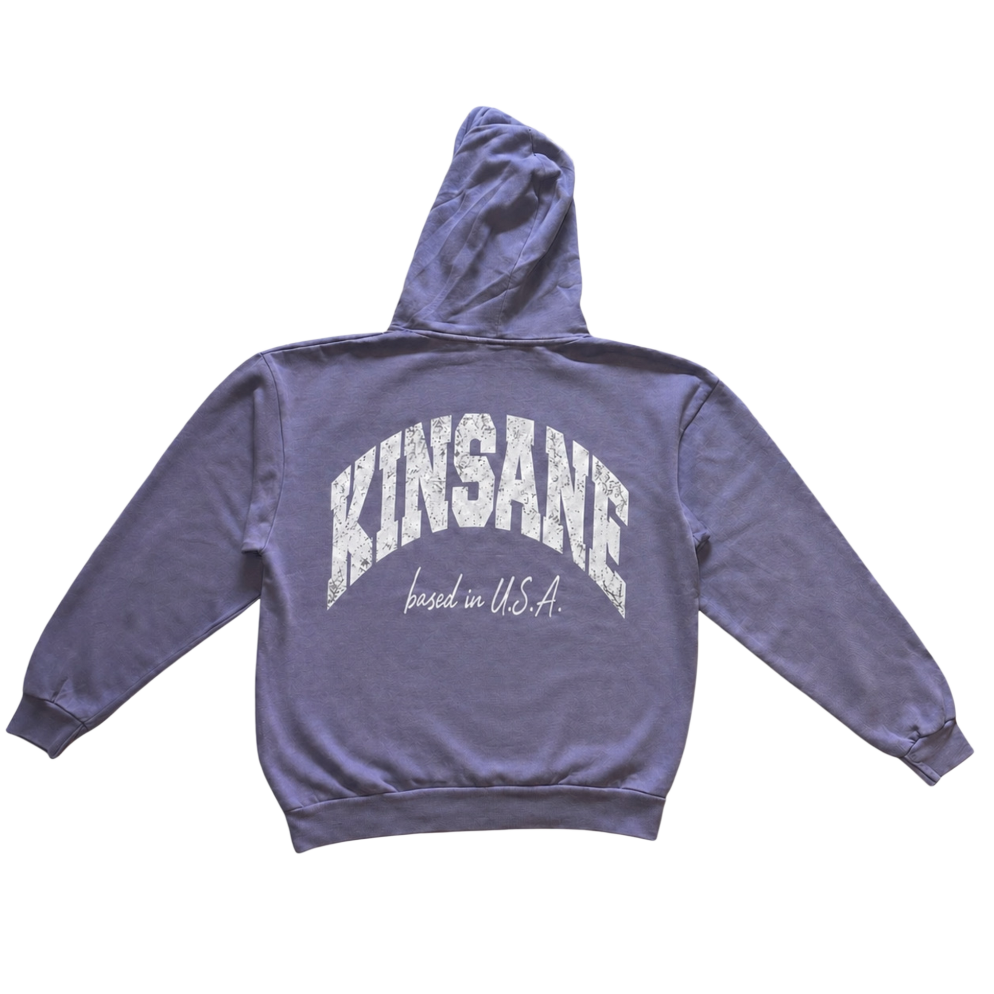 Back view of a light blue hoodie with white text reading “KINSANE BASED IN U.S.A.” 
