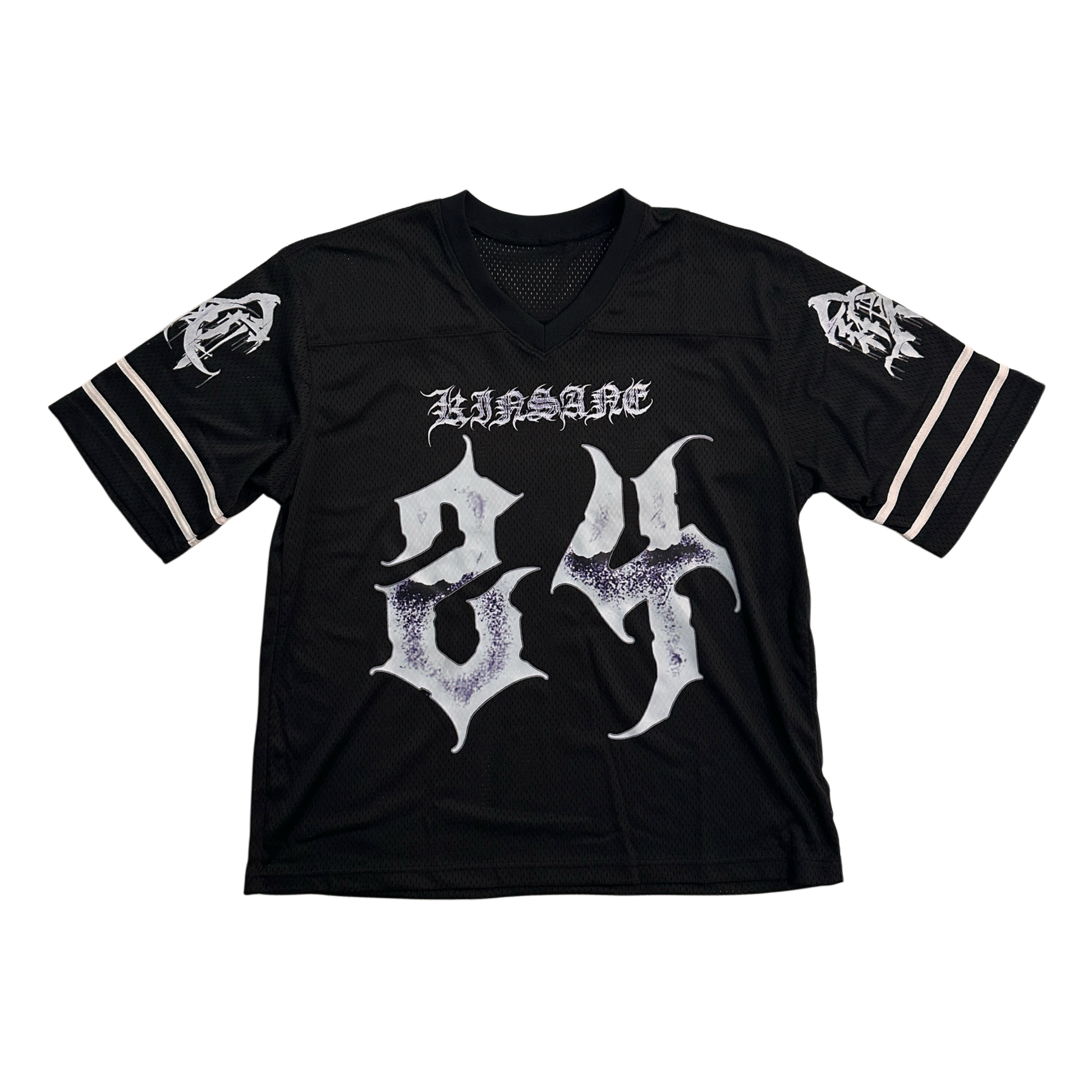 Black jersey with white numbers “24” and white tribal lettering reading “KINSANE” and white logos on each sleeve 
