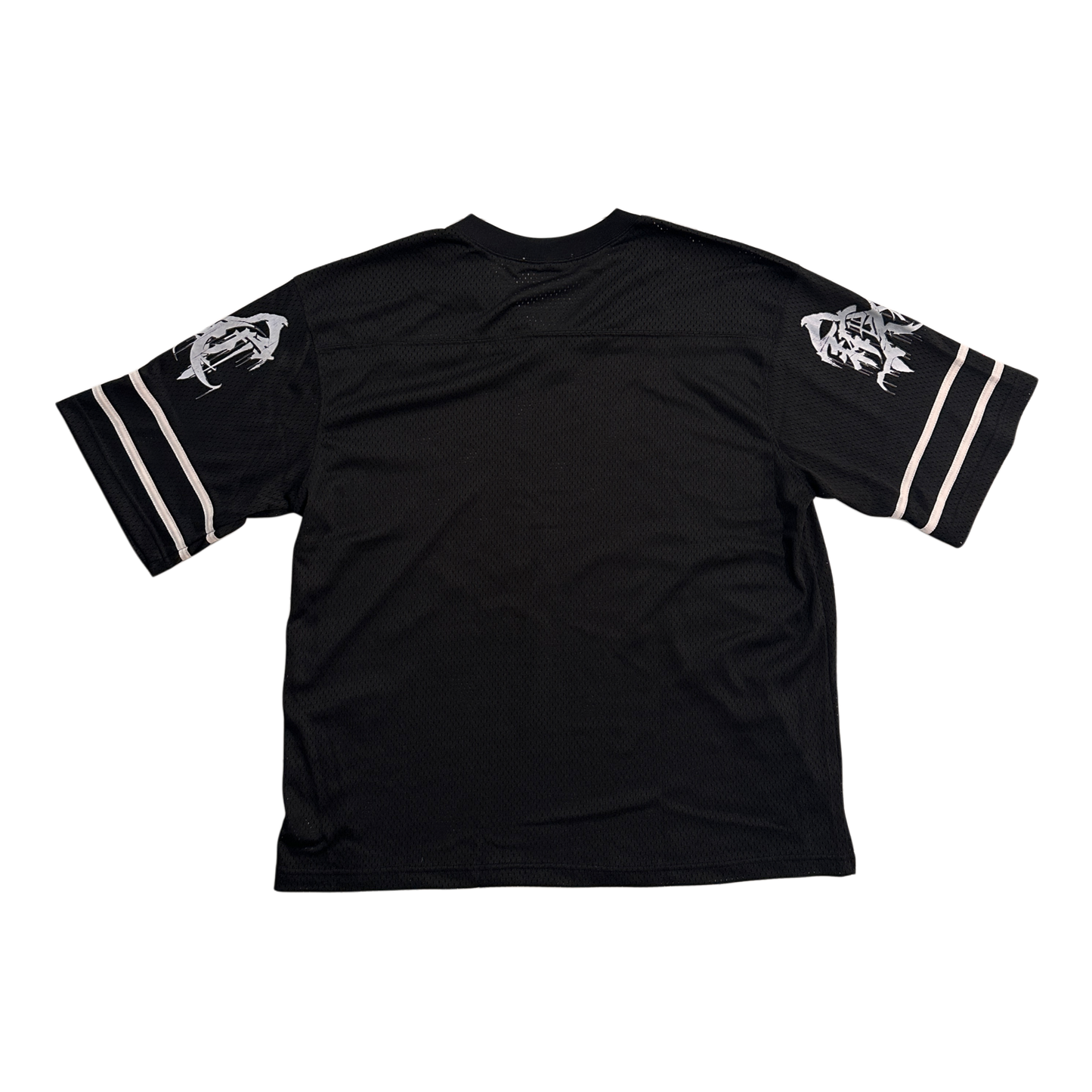 Back view of a black jersey with white logos on each sleeve 