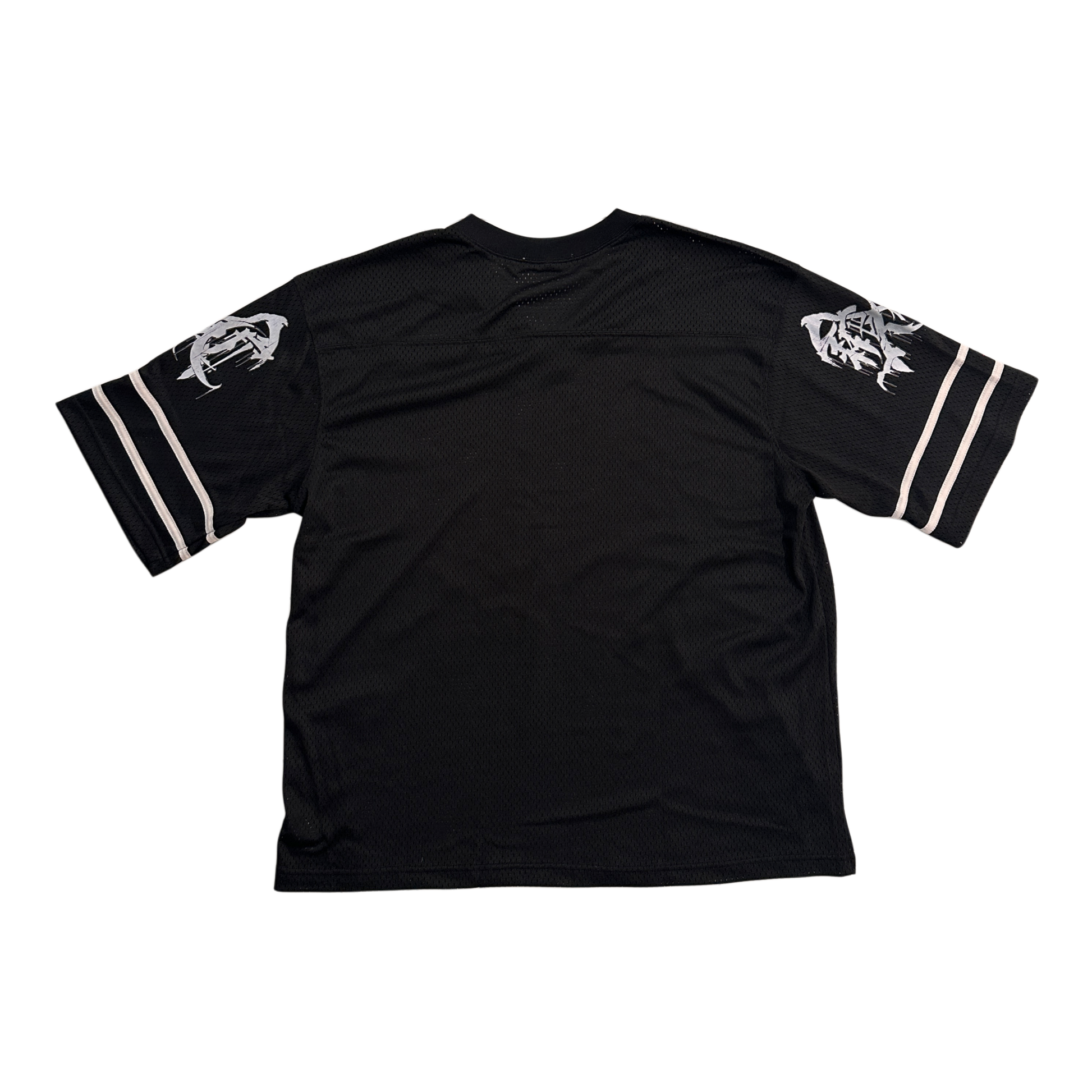 Back view of a black jersey with white logos on each sleeve 