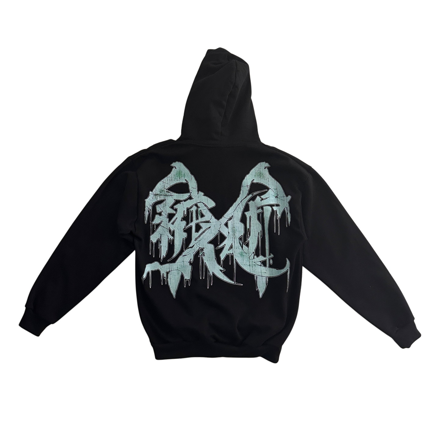 Back view of a black hoodie with a light green logo 
