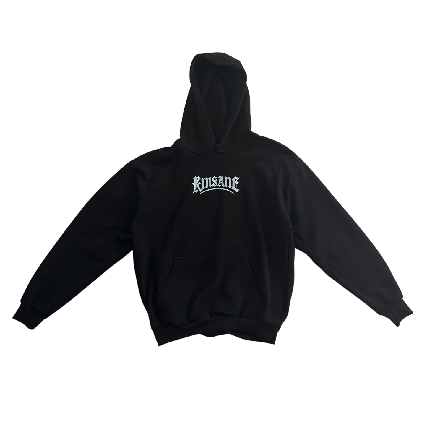 Black hoodie with light green lettering reading “KINSANE” in the center 