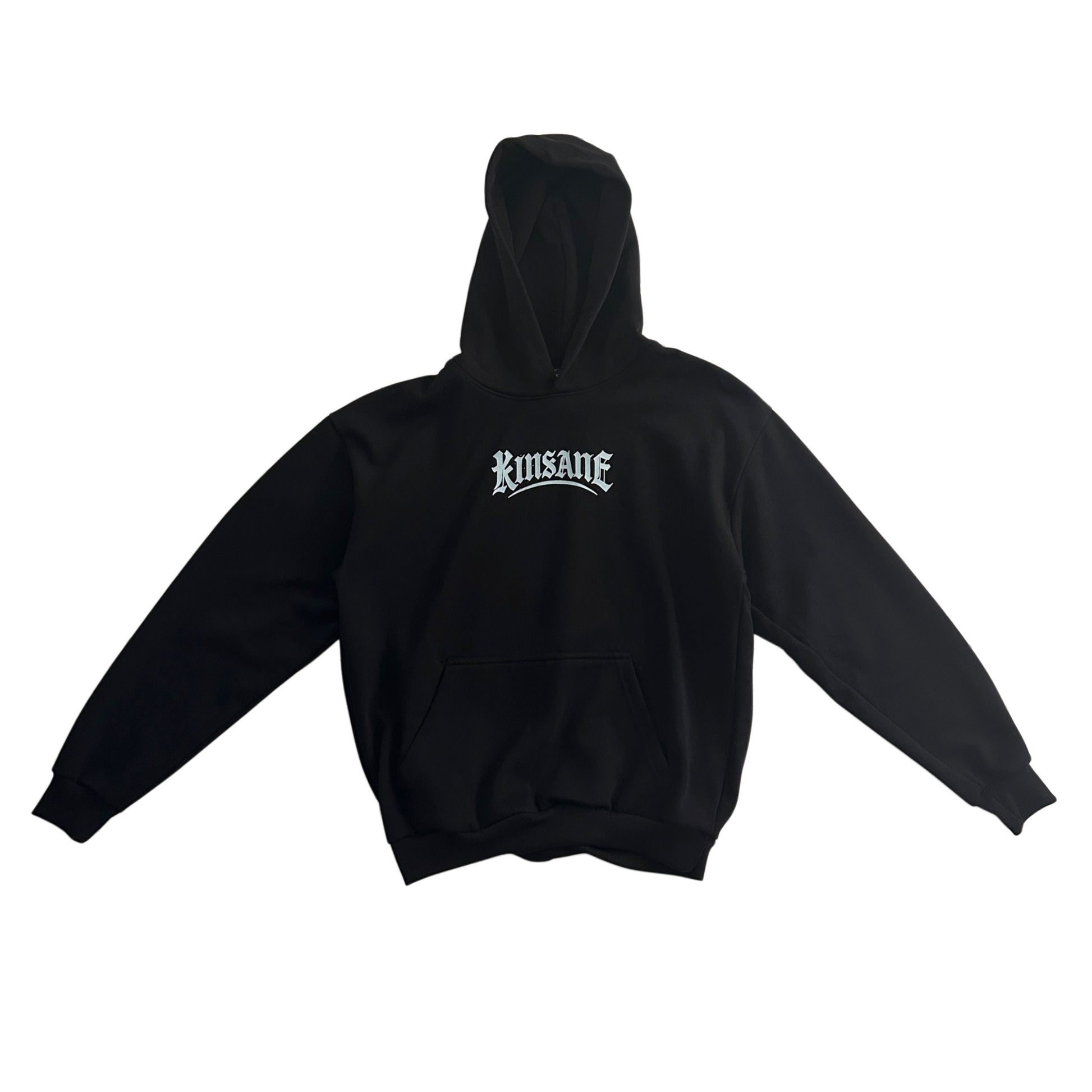 Black hoodie with light green lettering reading “KINSANE” in the center 