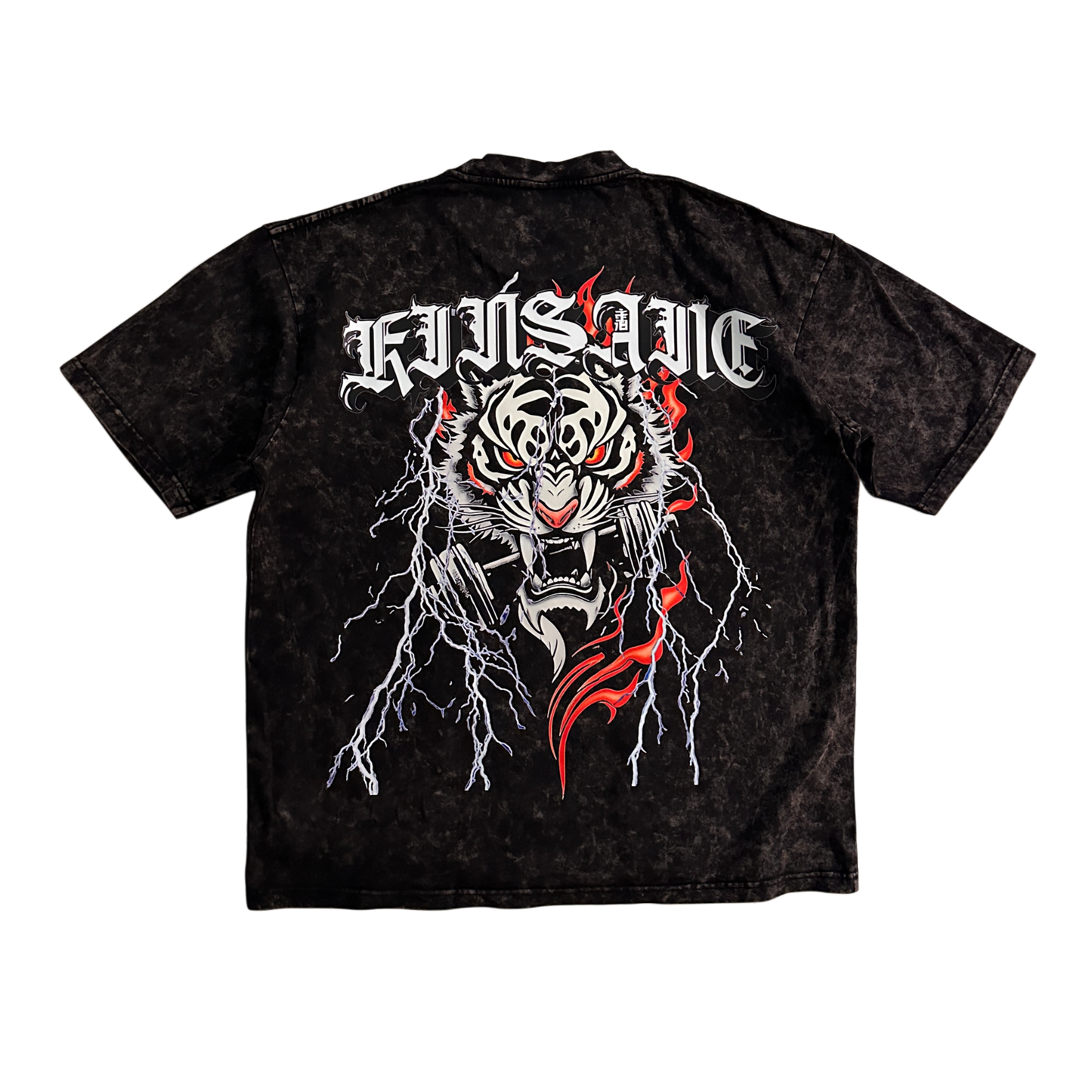 Back view of a black acid washed t-shirt with a tiger in flames and lightning holding a dumbbell in its mouth design and white lettering reading “KINSANE”