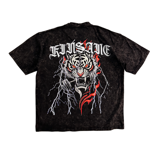 Back view of a black acid washed t-shirt with a tiger in flames and lightning holding a dumbbell in its mouth design and white lettering reading “KINSANE”