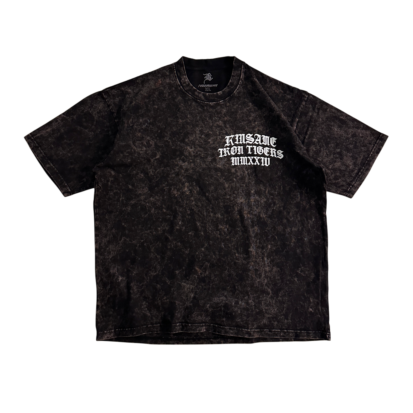 Black acid washed t-shirt with white lettering reading “KINSANE IRON TIGERS MMXXIV” 