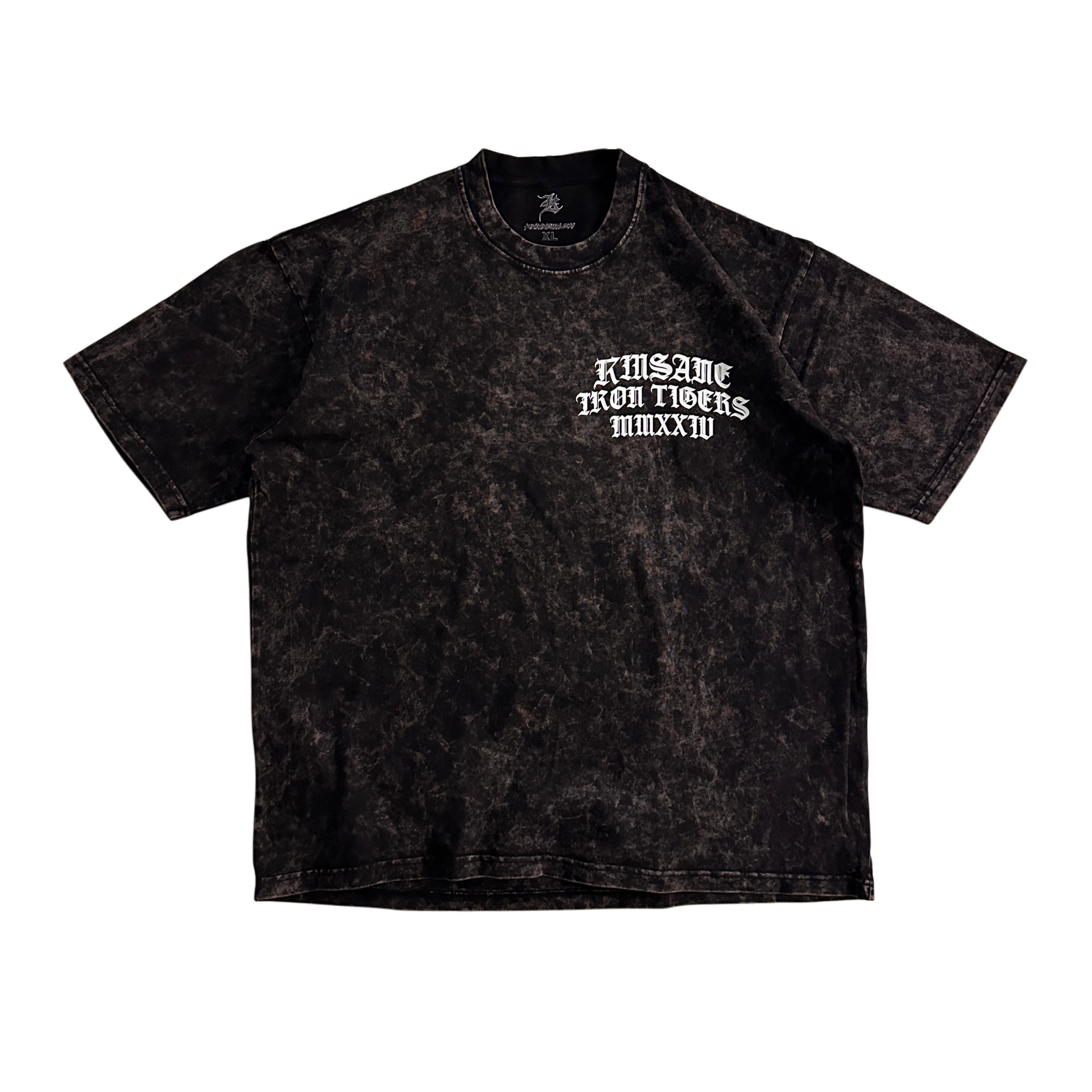 Black acid washed t-shirt with white lettering reading “KINSANE IRON TIGERS MMXXIV” 