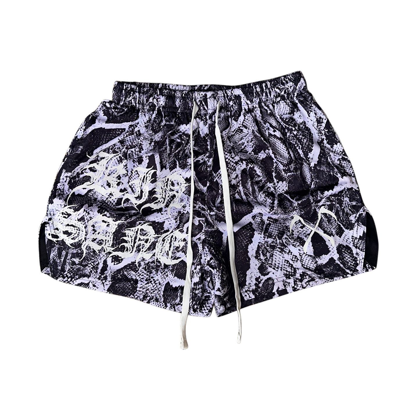 White and black snakeskin pattern athletic shorts with white drawstrings and white lettering on the right leg reading “KINSANE” and one white logo on the left leg 