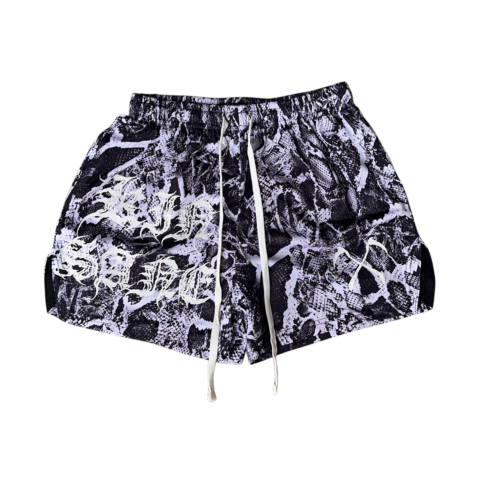 White and black snakeskin pattern athletic shorts with white drawstrings and white lettering on the right leg reading “KINSANE” and one white logo on the left leg 