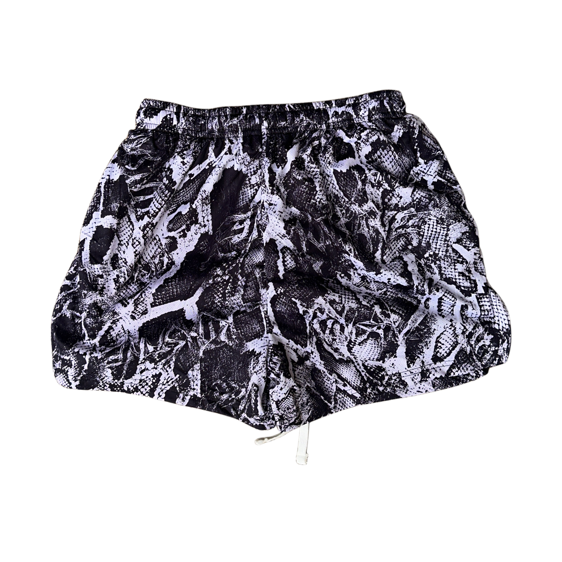 Back view of Black and white snakeskin pattern athletic shorts 