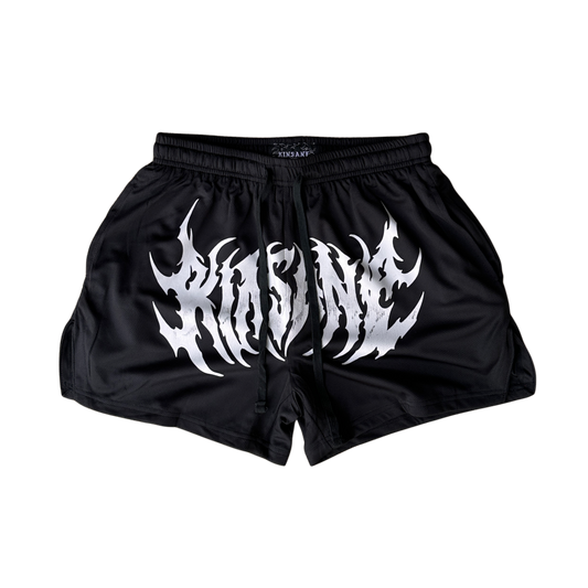 Black athletic shorts with black drawstrings with white text reading “KINSANE” 